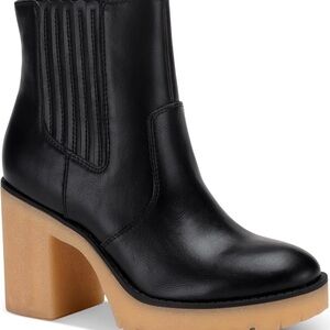 NWOT Sun + Stone Lennii Black Leather Platform Ankle Boot with Tan Block Heel